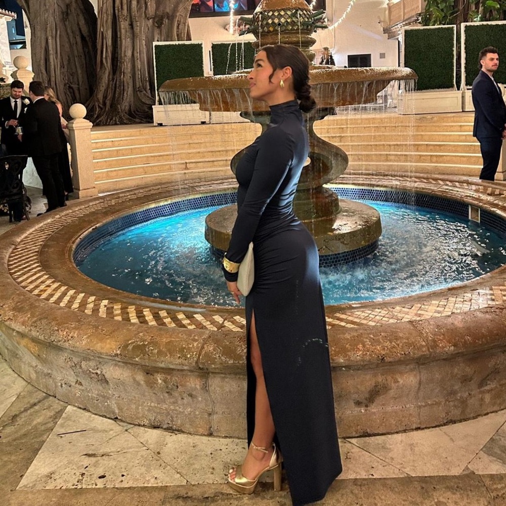 High neck navy guest wedding dress